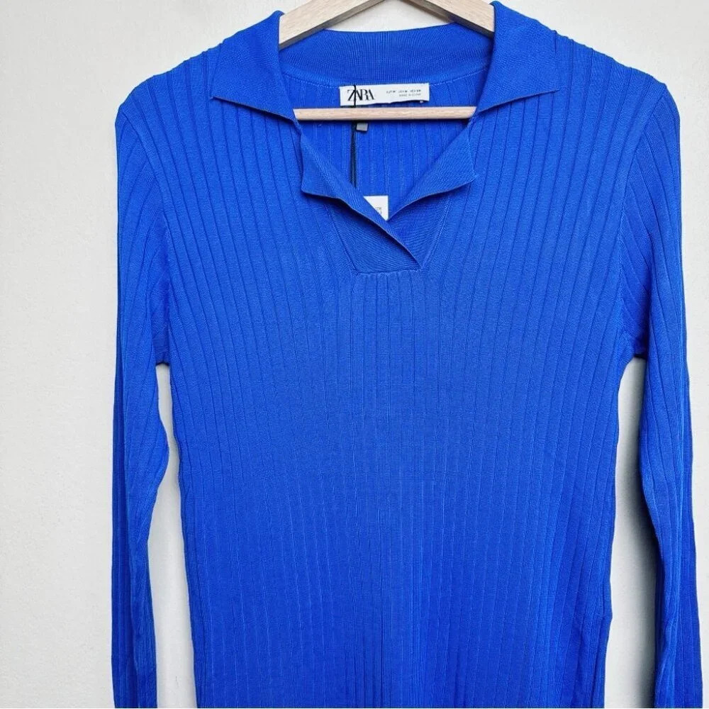 Zara Womens Size Medium Ribbed Royal Blue Slit Hem  Tunic Top - Picture 7 of 13